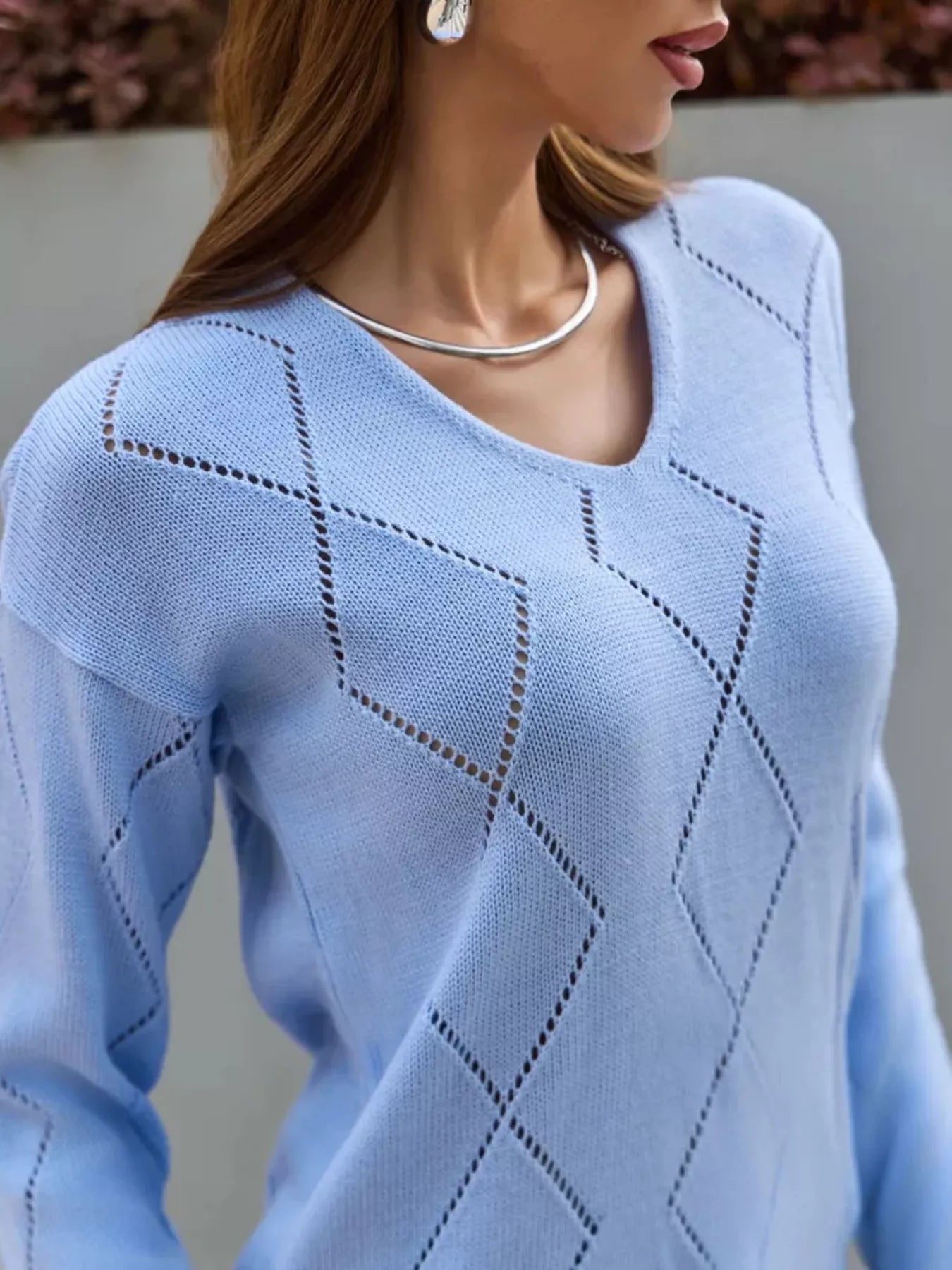 Openwork V-Neck Long Sleeve Sweater OutfitFlow