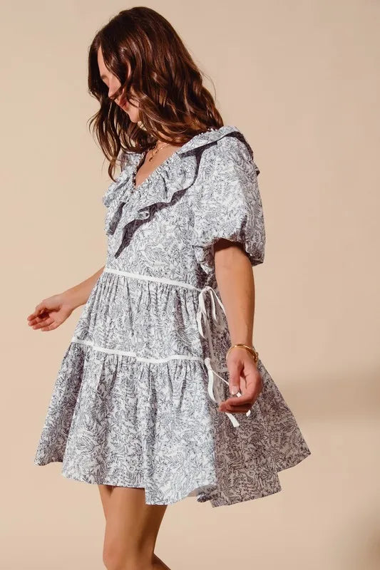 SO ME Cotton Printed Ruffle V Neckline Dress with Side Tie OutfitFlow