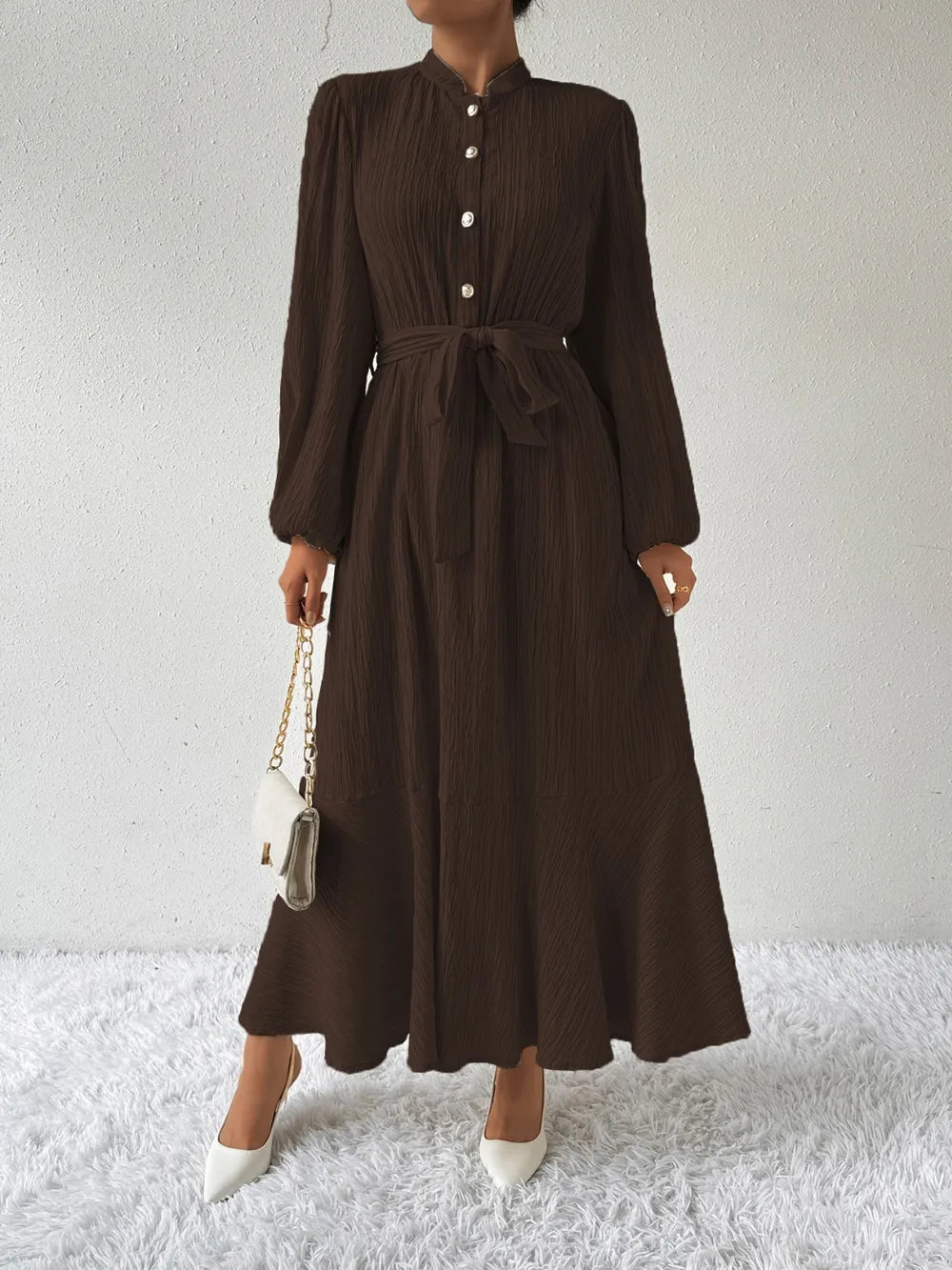 Honey Tie Waist Long Sleeve Dress Chocolate OutfitFlow