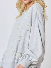 Pearl Embellished Bow Long Sleeve Sweatshirt OutfitFlow