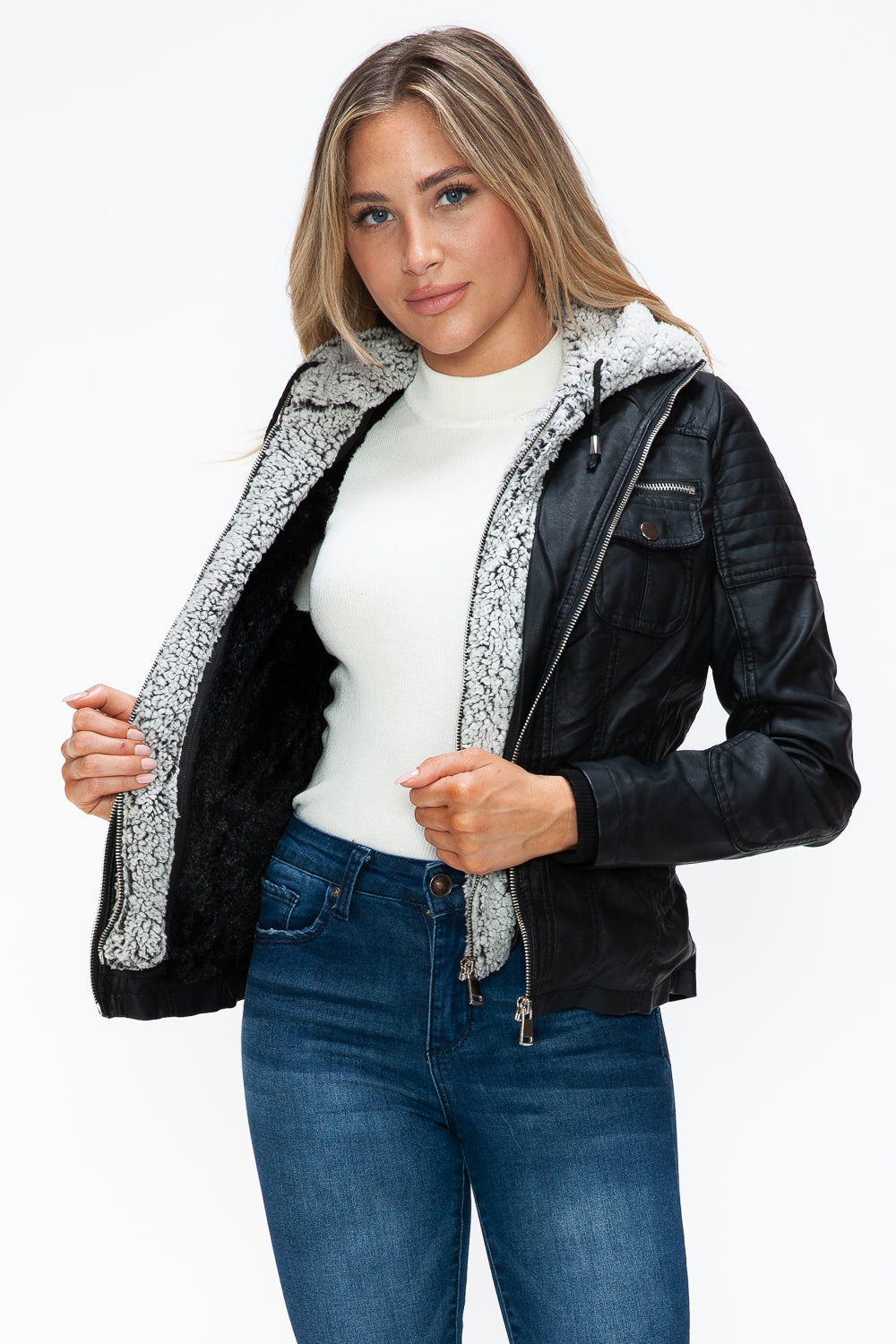 Outfit Flow - YMI Removable Faux Layered Multi-Pocket Jacket with Fuzzy Hood