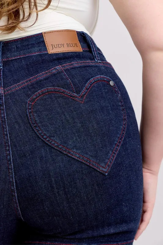 Judy Blue Full Size High Waist Heart Shaped Pkts & Red Contrast Thread Denim Shorts Plus Size OutfitFlow