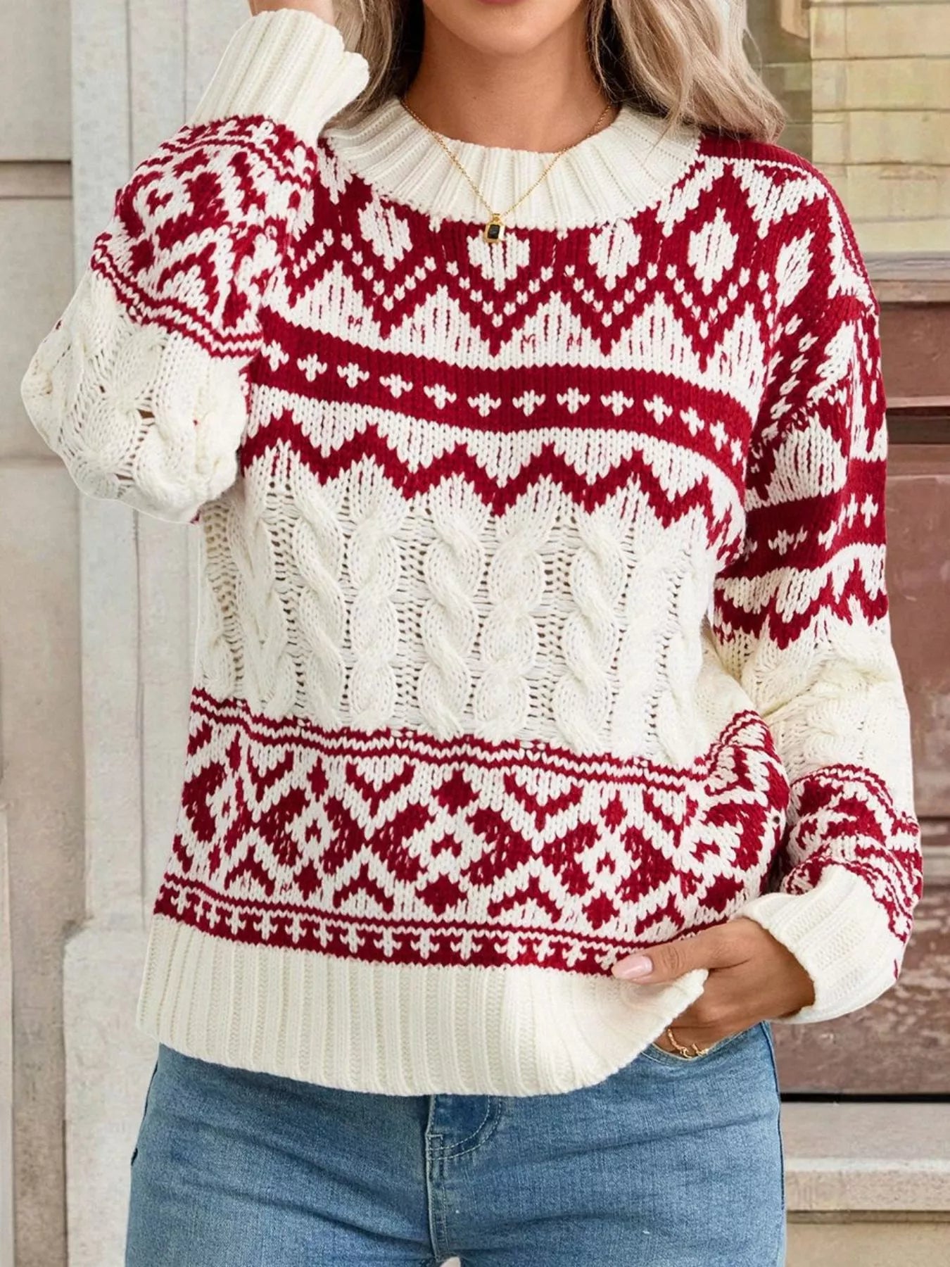 Christmas Cable Knit Long Sleeve Sweater OutfitFlow