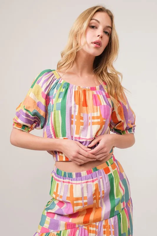 And The Why Puff Sleeve Elastic Edges Geo Printed Crop Top OutfitFlow