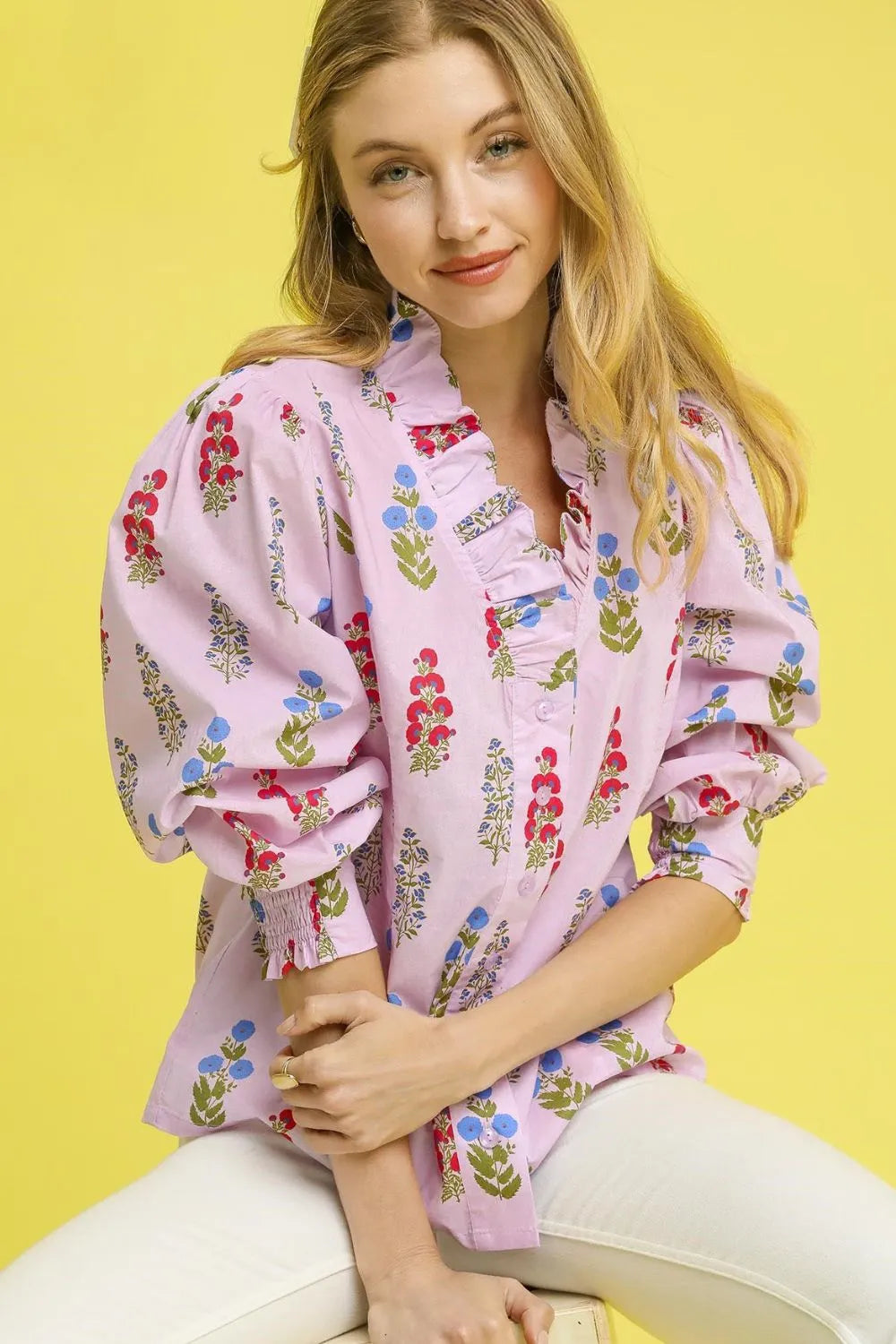 Umgee Floral Print Lantern Sleeve Button Down Shirt Blush Pink OutfitFlow