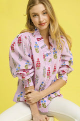 Umgee Floral Print Lantern Sleeve Button Down Shirt Blush Pink OutfitFlow