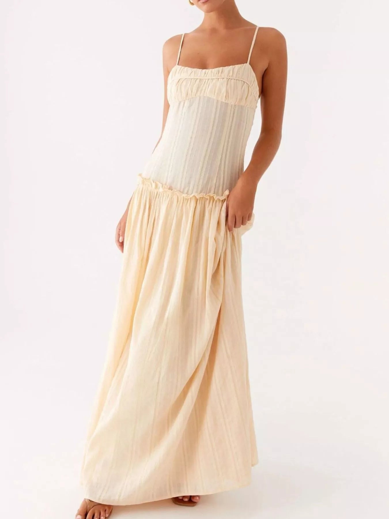 Frill Spaghetti Strap Maxi Dress OutfitFlow