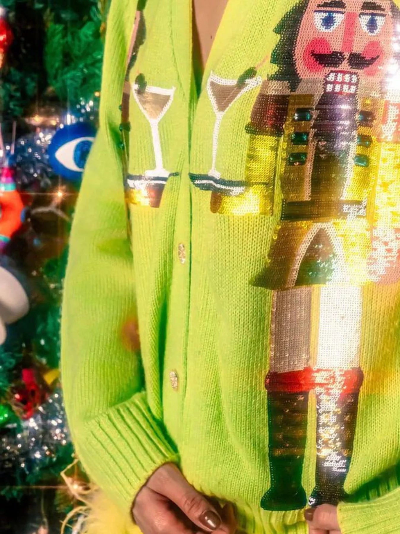 Nutcracker Ribbed Hem V-Neck Cardigan Trendsi