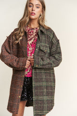 J.NNA Snap Down Tweed Plaid Contrast Longline Jacket