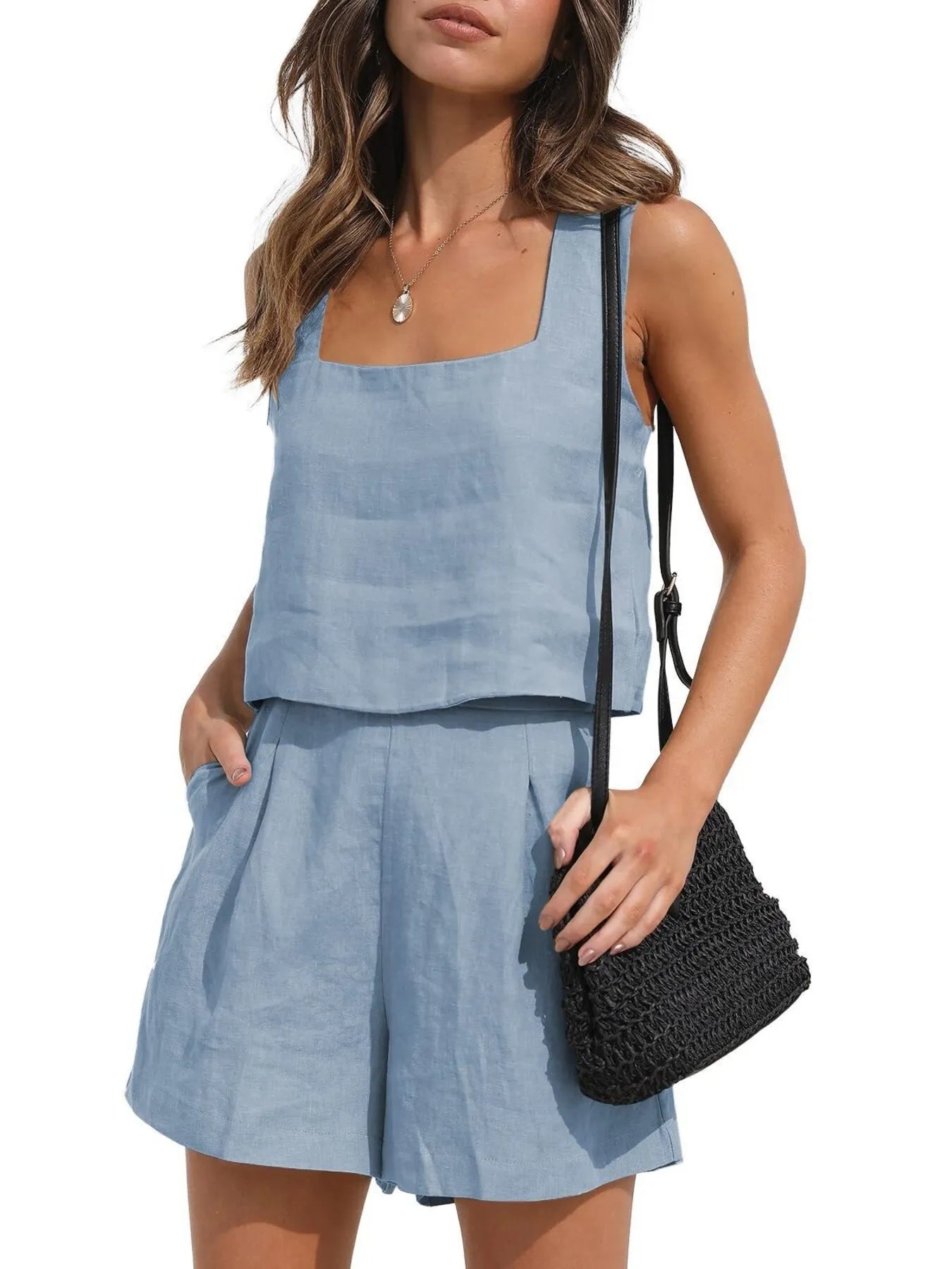 Square Neck Tank and Shorts Set Light Blue OutfitFlow
