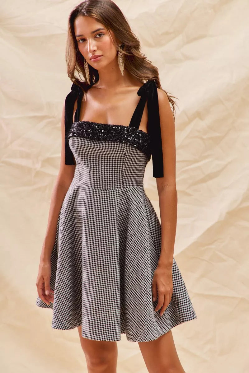 SO ME Houndstooth Fit Flare Mini Dress with Shoulder Tie OutfitFlow