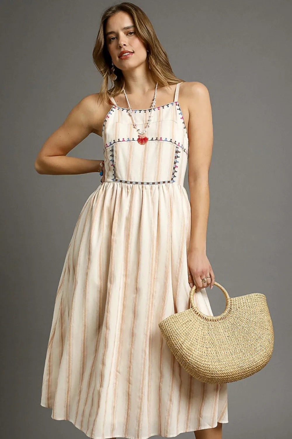 Umgee Striped Colorful Embroidered Trim Cami Dress OutfitFlow
