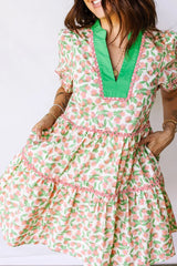 Contrast Neckline Ricrac Trim Floral Short Puff Sleeve Dress Trendsi