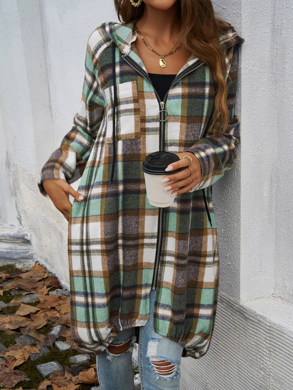 Devine Plaid Zip Up Hooded Coat Trendsi