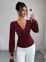 Pearl Embellished V-Neck Blouse OutfitFlow