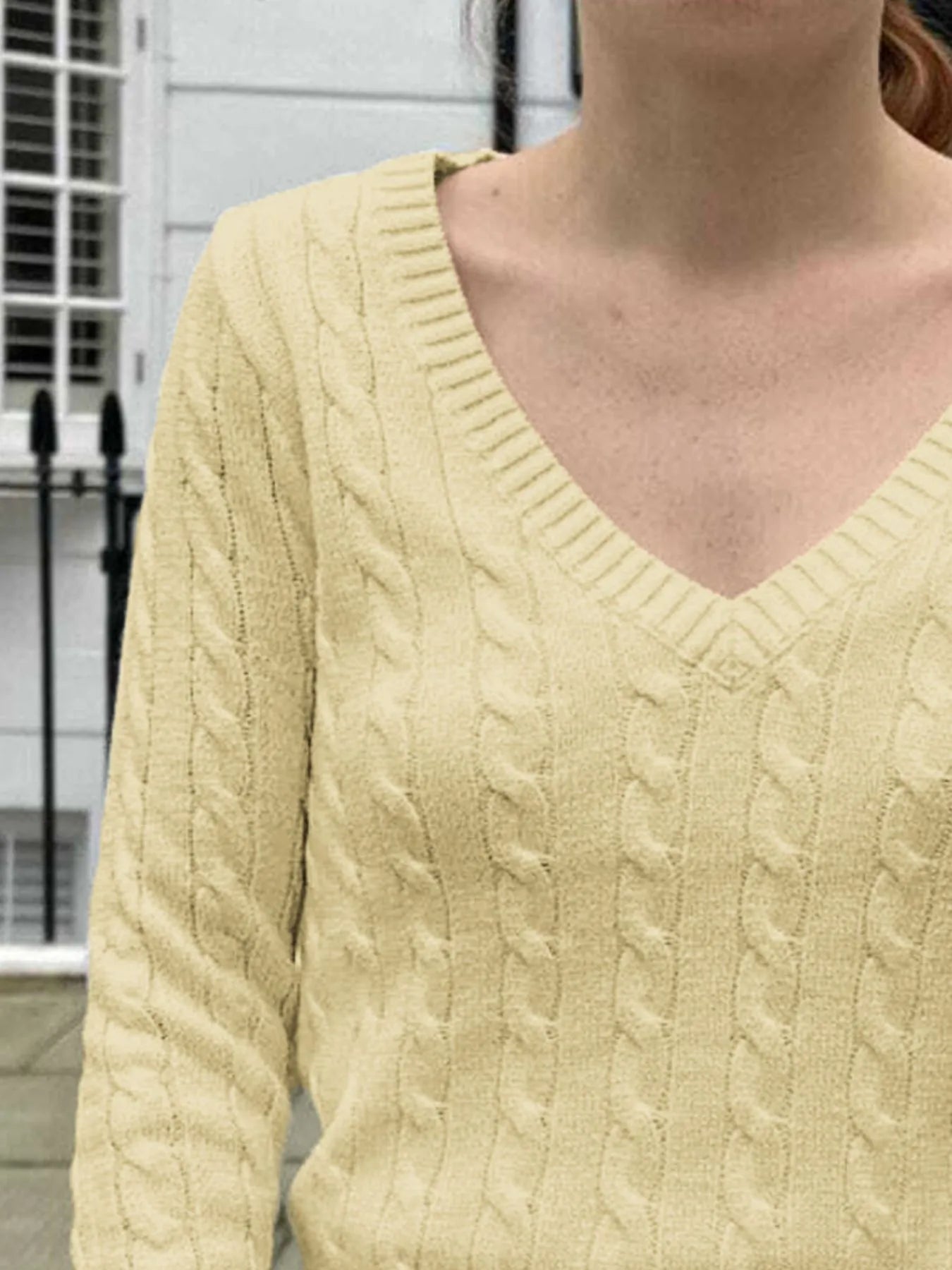 Cable Knit V-Neck Sweater Trendsi