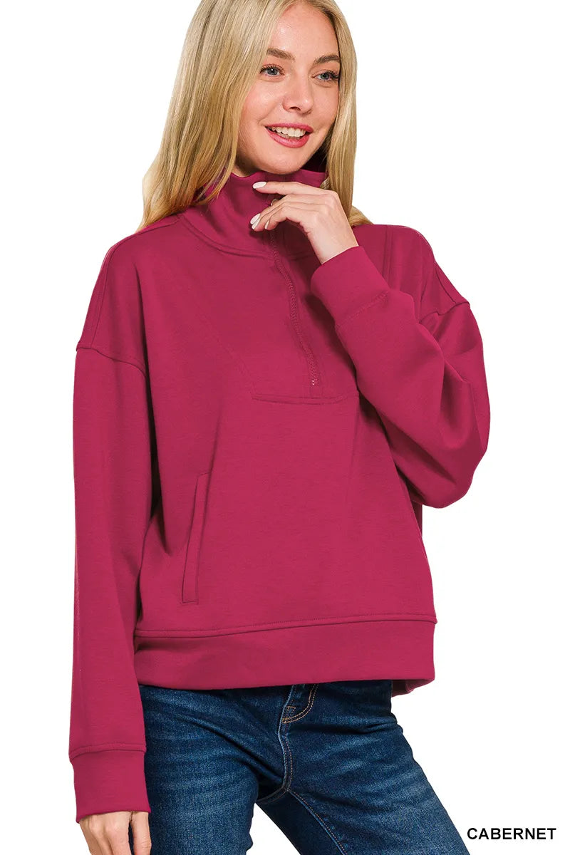 Zenana Scuba Half Zip Sweatshirt with Pockets Trendsi