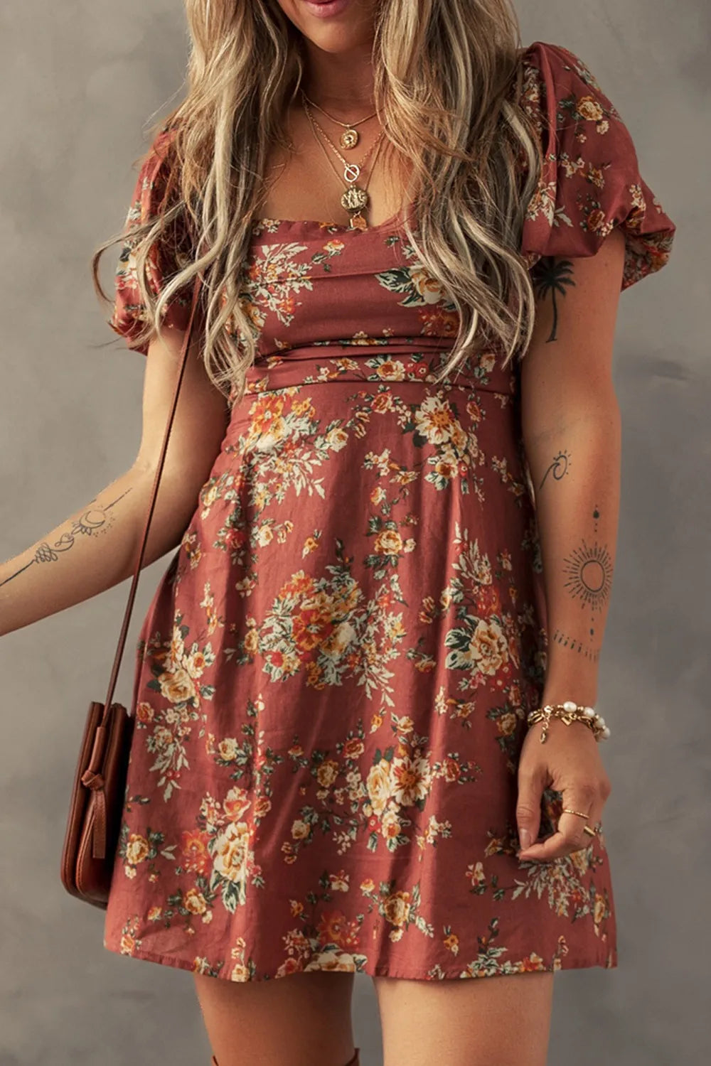 Floral Puff Sleeve Square Neck Knot Open Back Mini Dress OutfitFlow