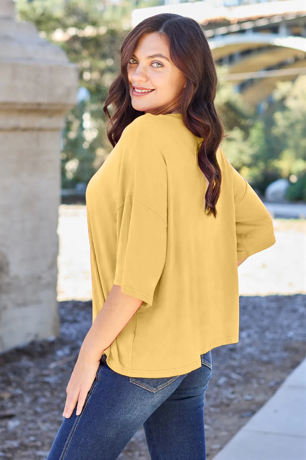 Basic Bae Bamboo Full Size Round Neck Drop Shoulder T-Shirt OutfitFlow