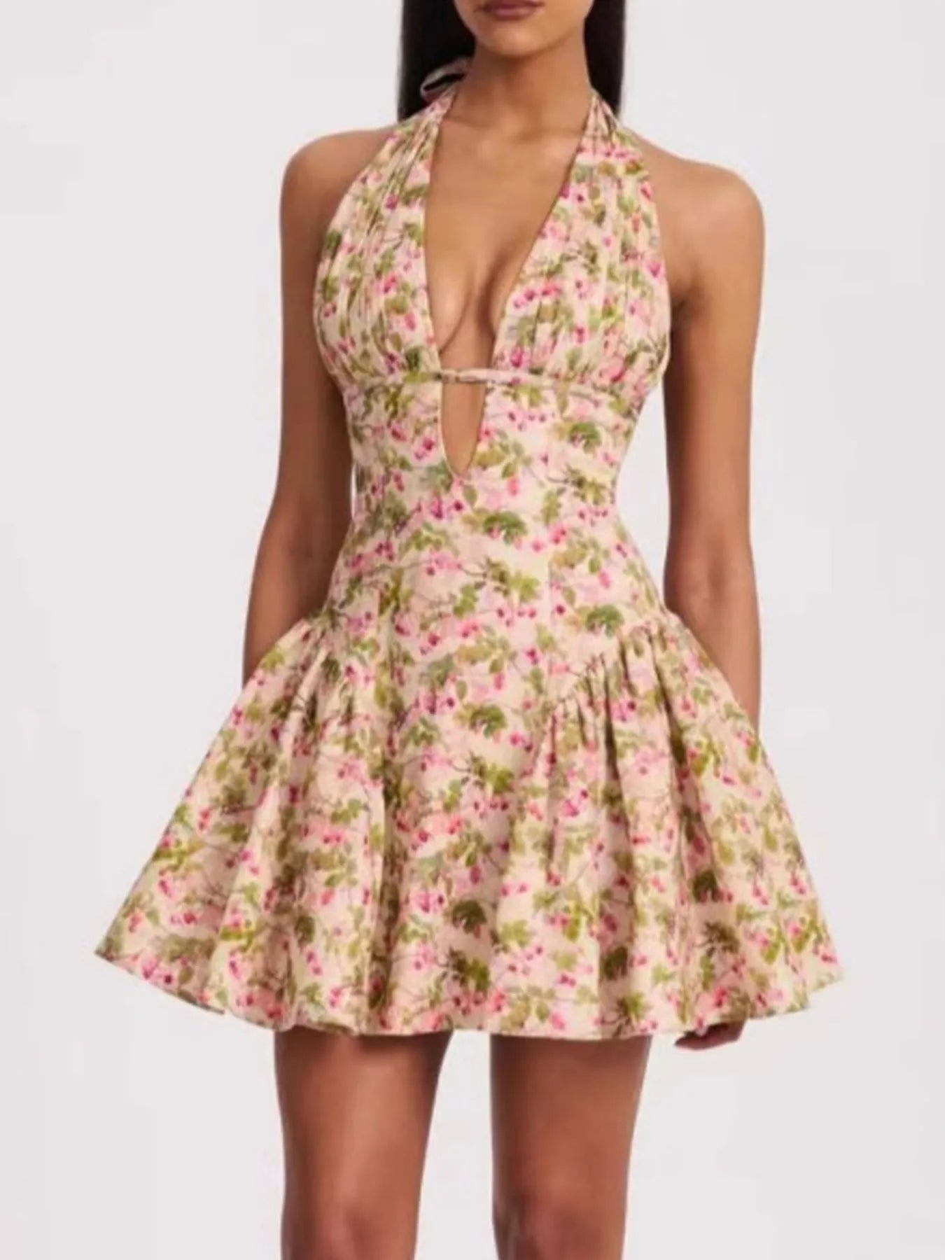 Floral Halter Neck Mini Dress OutfitFlow