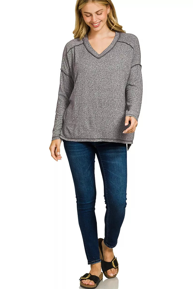 Zenana Soft Melange Hacci Exposed Seam Hi-low Tee OutfitFlow