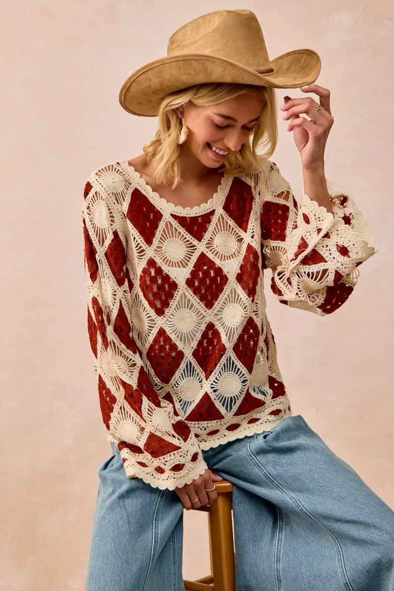 BiBi Diamond Crochet Knit Top OutfitFlow