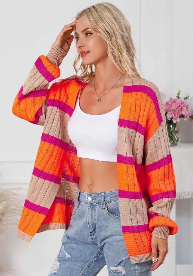 Outfit Flow - Contrast Striped Drop Shoulder Open Front Cardigan