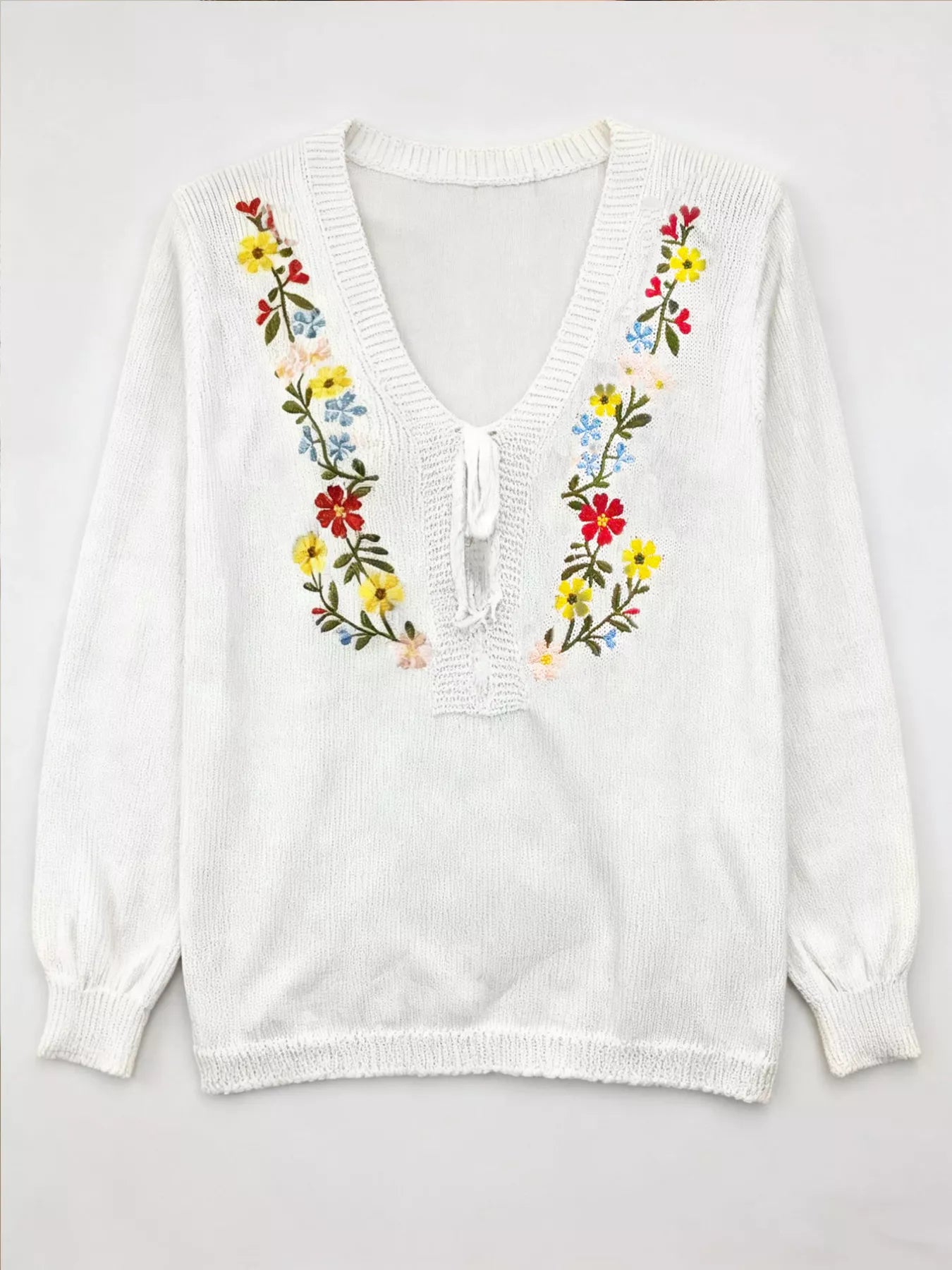 Floral Embroidered V-Neck Sweater OutfitFlow
