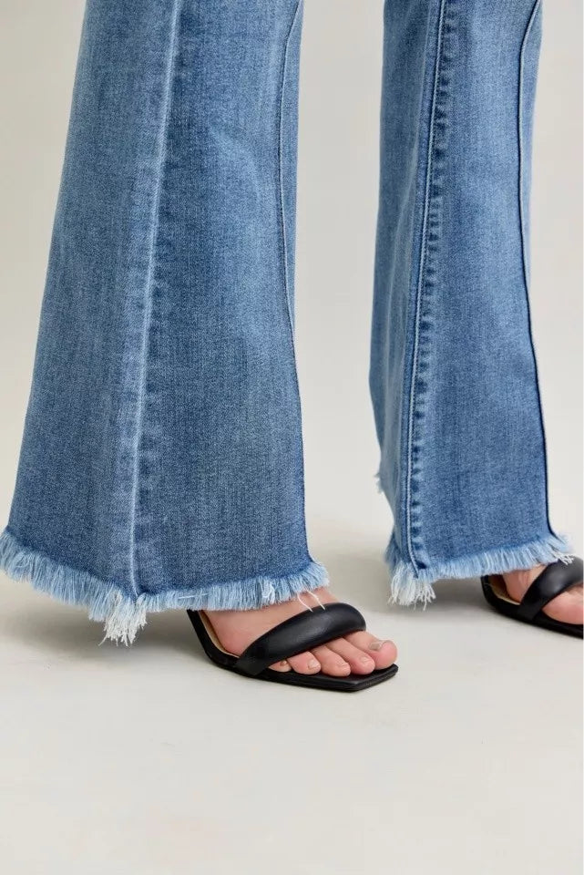 Judy Blue High Waist Flare Fray Hem Jeans with Front Pintuck Detail OutfitFlow