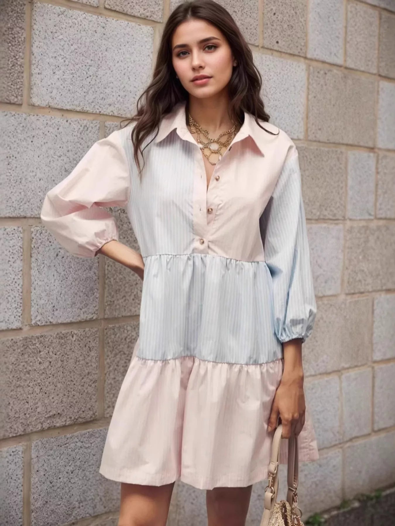 Tiered Button-Front Shirt Dress Stripe OutfitFlow