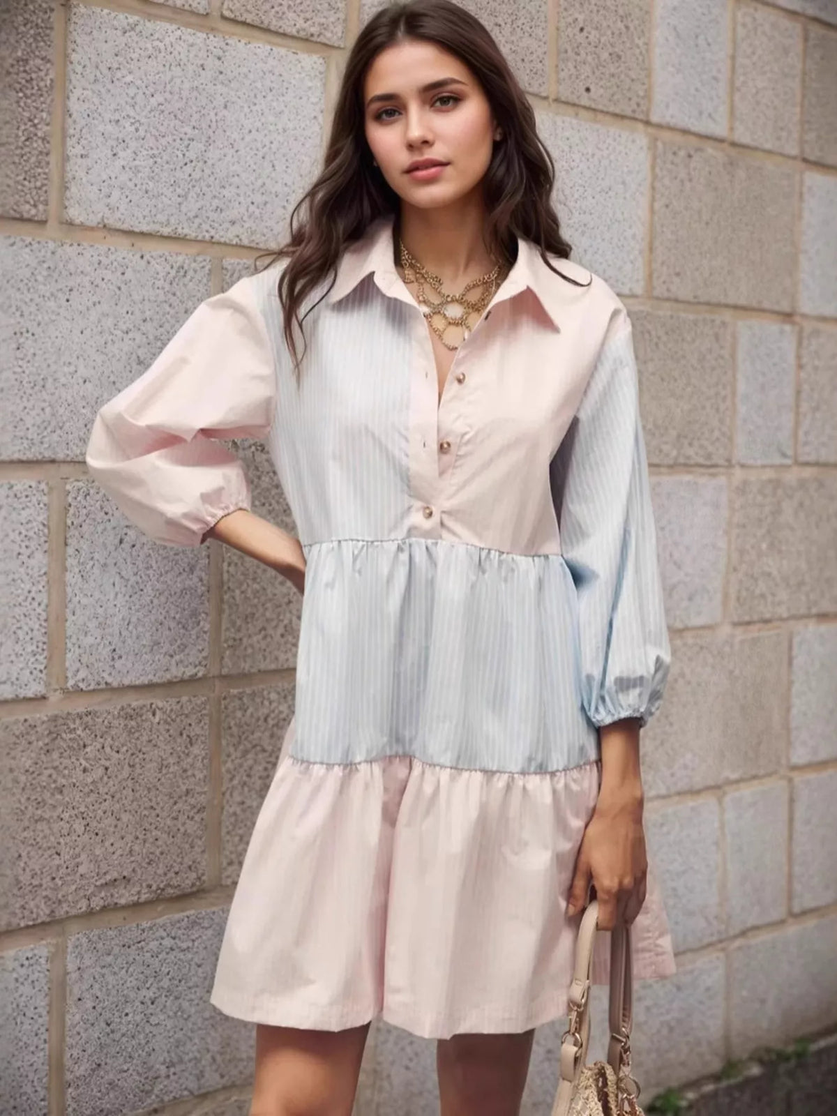 Tiered Button-Front Shirt Dress Stripe OutfitFlow