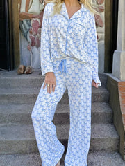 Bow Print Long Sleeve Shirt and Pants Pajama Set Light Blue OutfitFlow