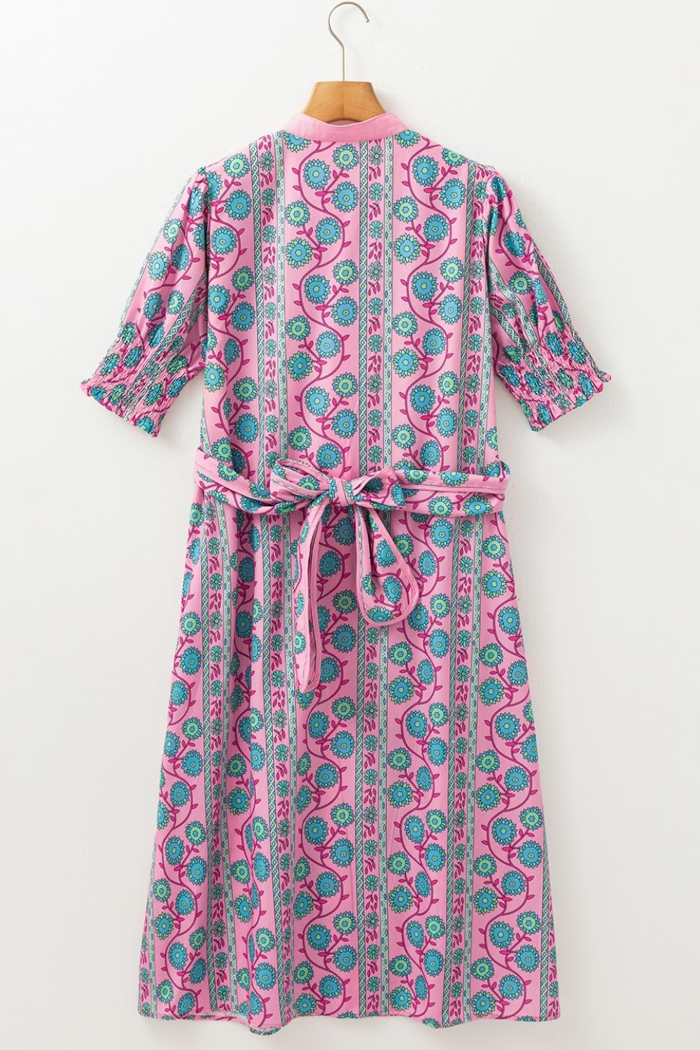 Printed Shirred Sleeve Buttoned Front Midi Dress with Sash OutfitFlow
