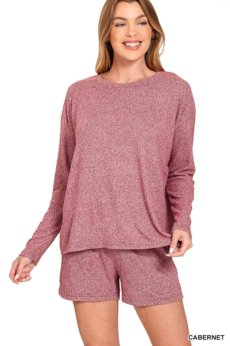 Zenana Soft Melange Long Sleeve Tee and Shorts Set CABERNET OutfitFlow