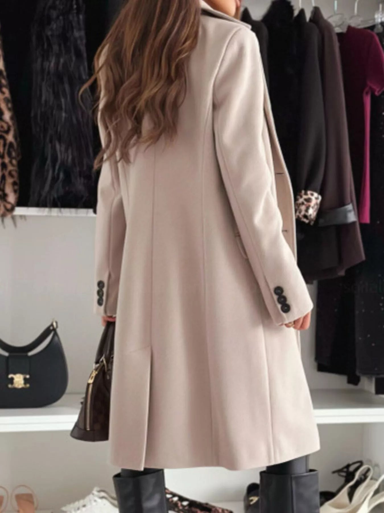 Lapel Collar Long Sleeve Coat OutfitFlow