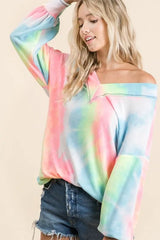 BiBi Tie Dye French Terry V-Neck Top with Puff Sleeves OutfitFlow