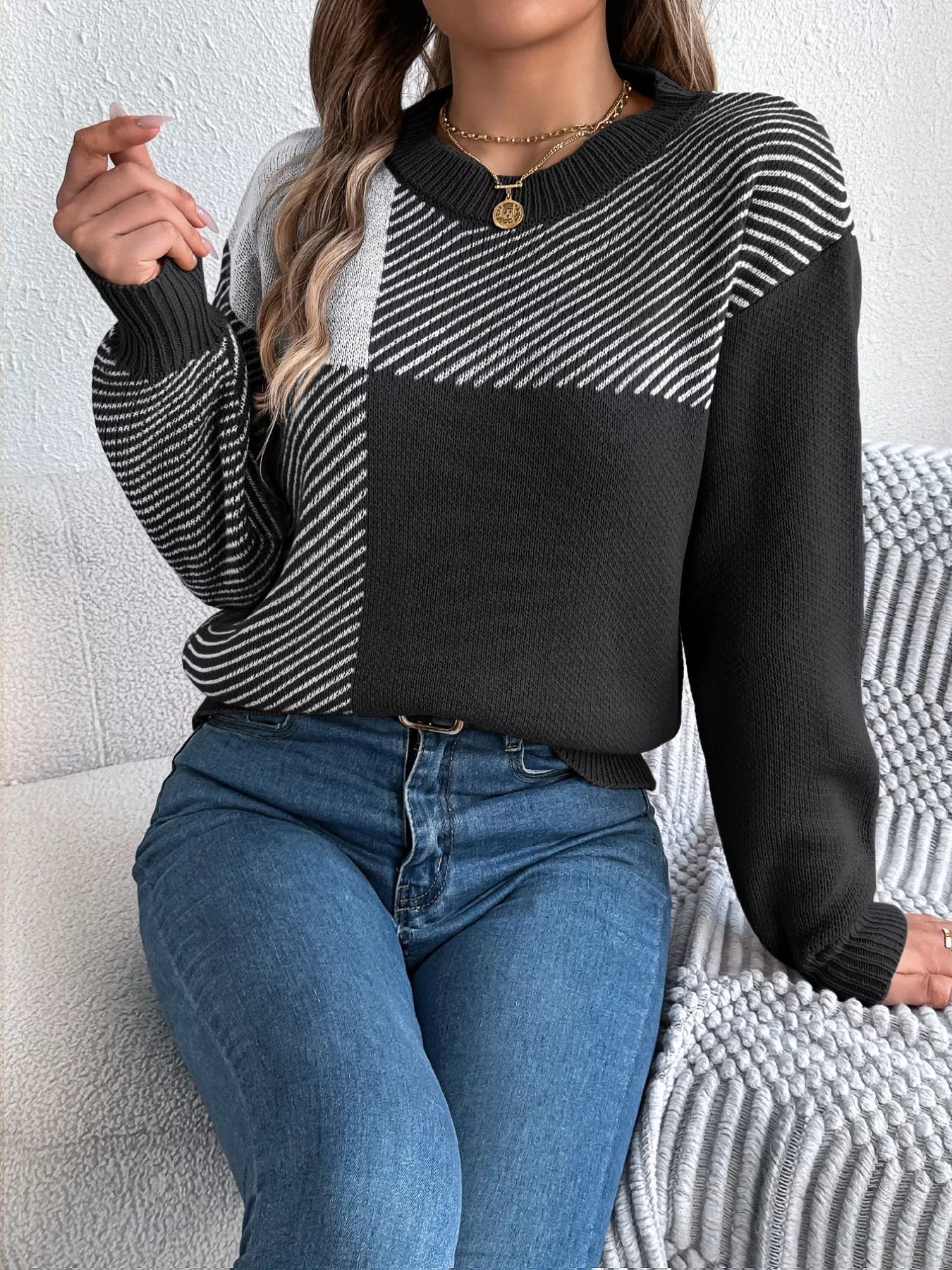 Color Block Striped Round Neck Sweater OutfitFlow