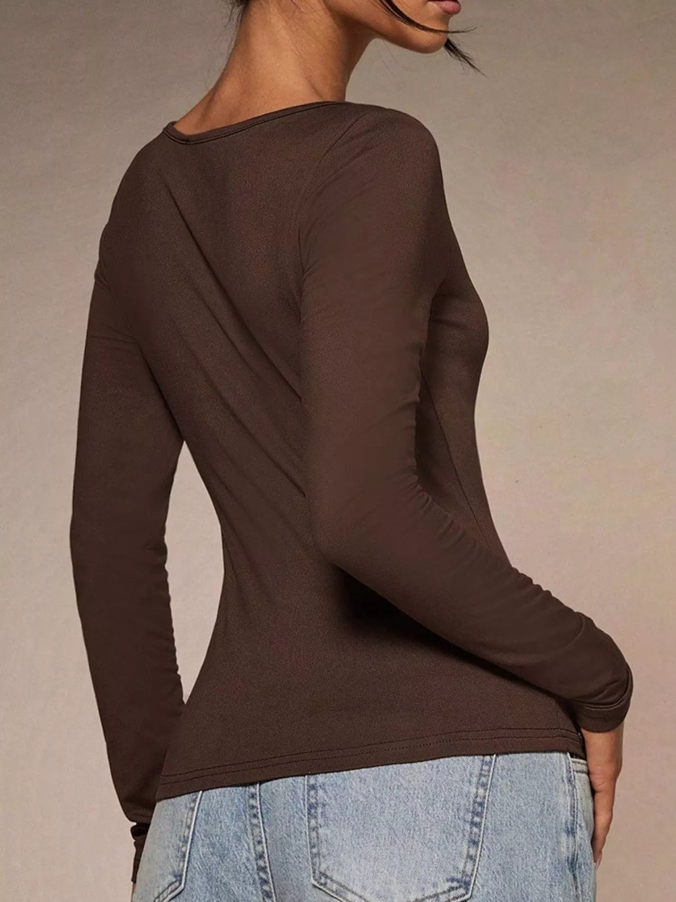 Long Sleeve Scoop Neck Tie Front T-Shirt OutfitFlow