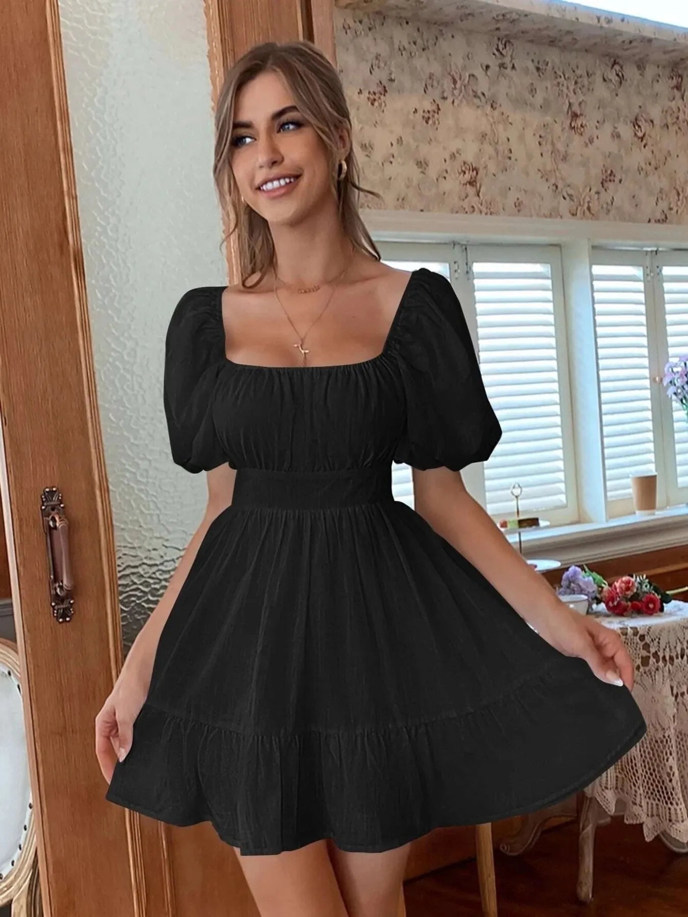 Square Neck Puff Sleeve Mini Dress OutfitFlow