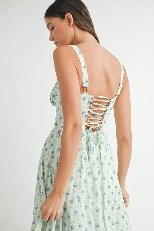 MABLE Floral Print Bustier Back Lace Up Midi Dress OutfitFlow