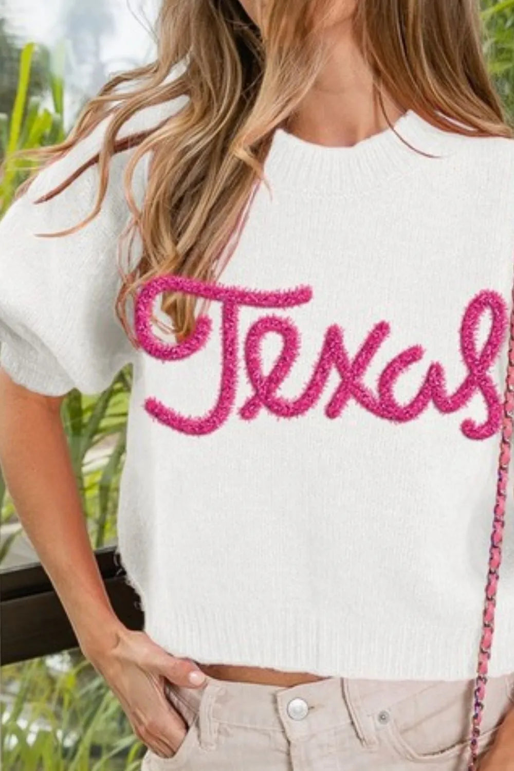 BiBi Metallic Letter Short Puff Sleeve Hairy Sweater OutfitFlow