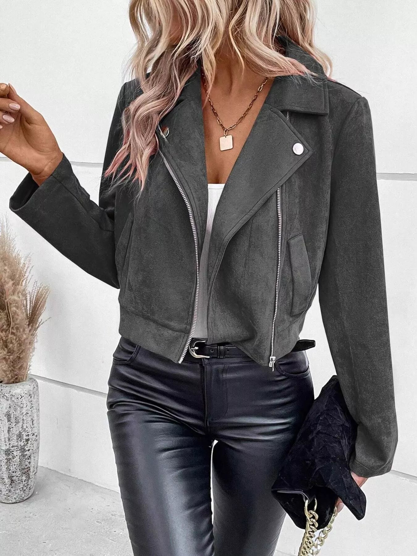 Suede Moto Jacket with Zip Detail Dark Gray Trendsi