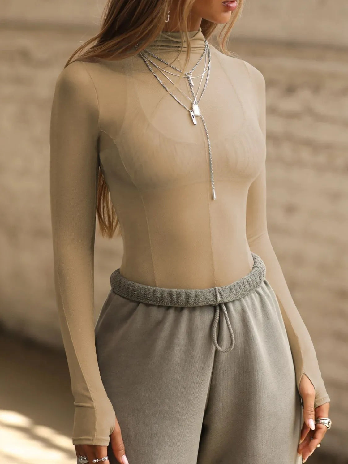Mock Neck Long Sleeve Sheer Top Tan OutfitFlow