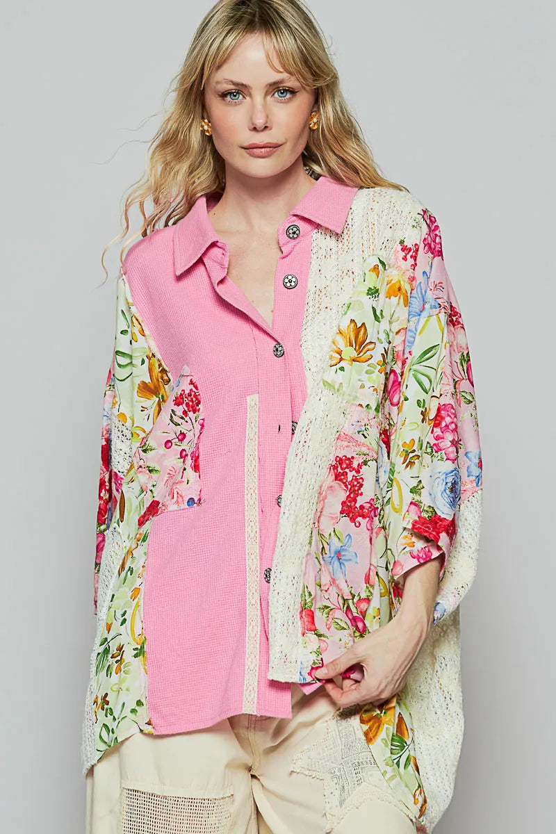 POL Thermal and Crochet Lace Mix Shirt with Floral Pattern Trendsi
