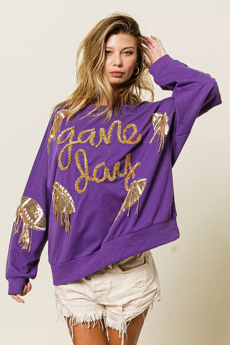 BiBi Sequin Football Patches Game Day Sweatshirt OutfitFlow