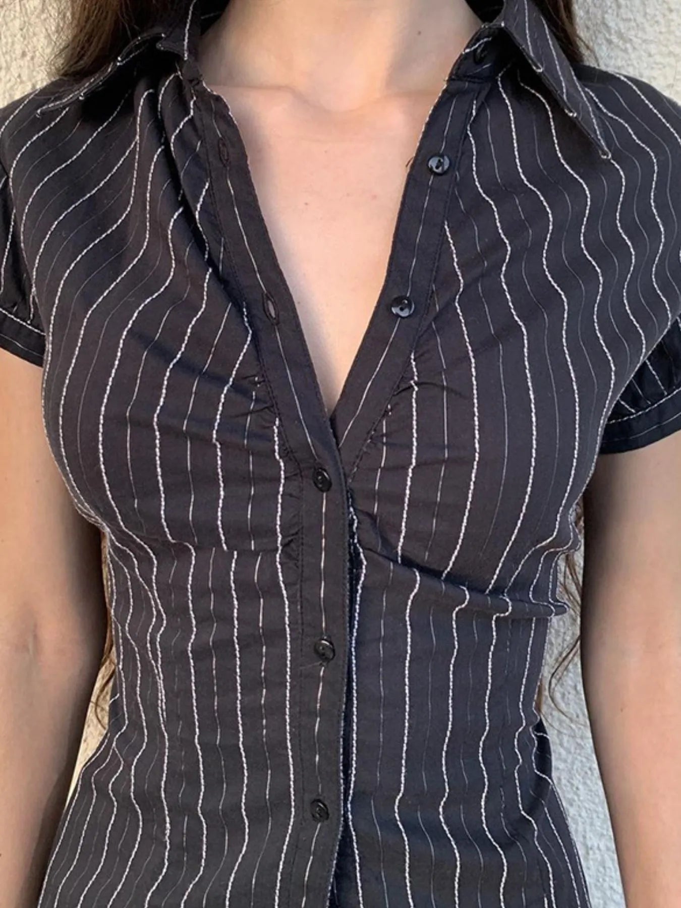 Striped Button-Down Collared Neck Shirt OutfitFlow