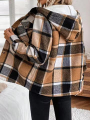 Hooded Plaid Button Up Jacket Trendsi