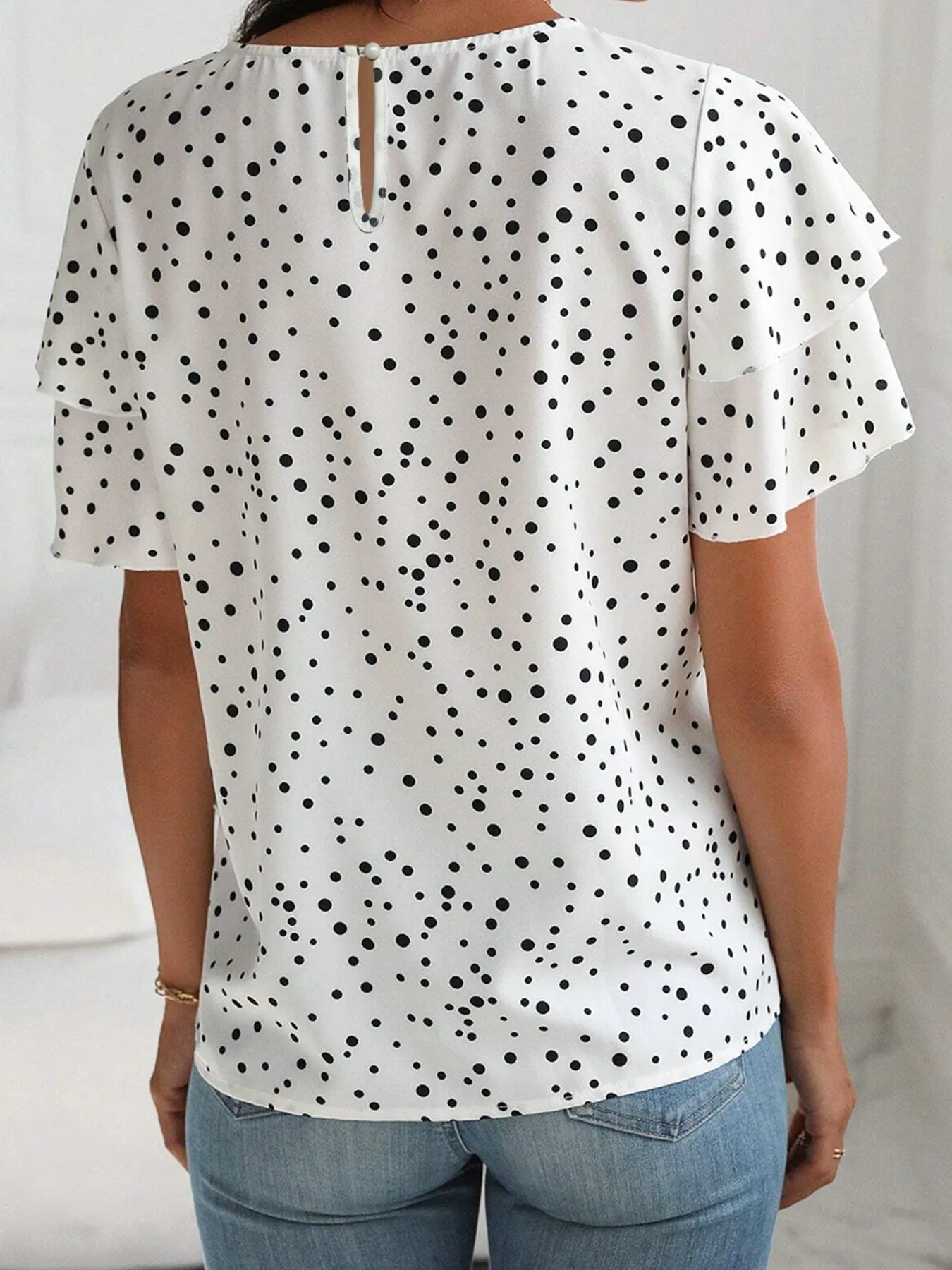 Polka Dot Layered Ruffled Short Sleeve Blouse OutfitFlow