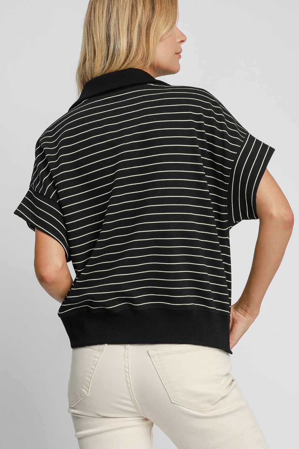 Outfit Flow - Umgee Striped Half Zip Short Sleeve Sweatshirt