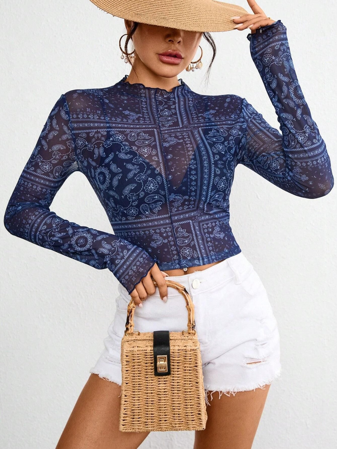 Paisley Mock Neck Long Sleeve Sheer Top OutfitFlow